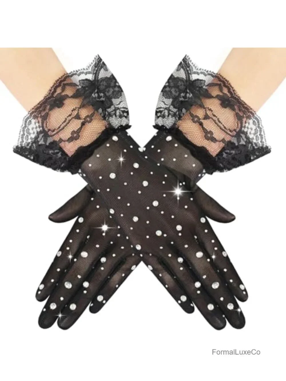 Lace Rhinestone Gloves Sheer Short Bridal Tea Party Opera Accessories
